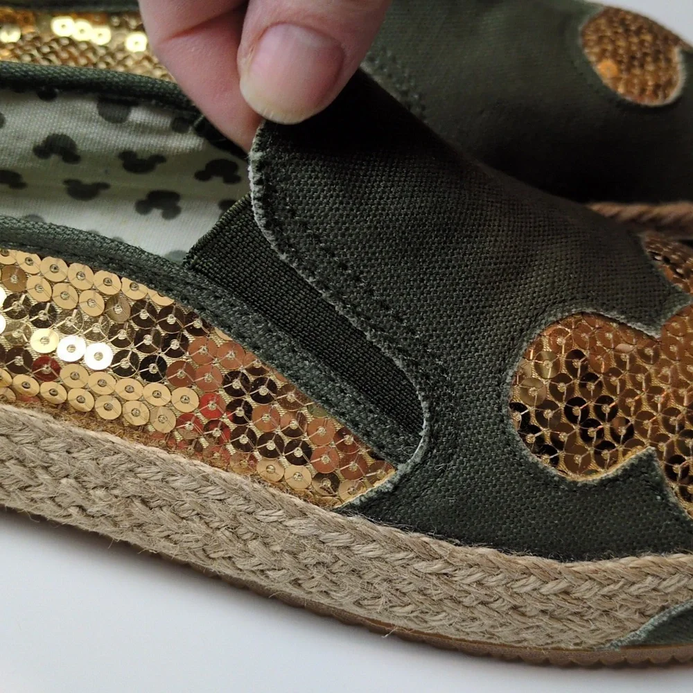 Disney Mickey Mouse Women's Olive Green Gold Sequin Espadrille Slip On Shoes 10